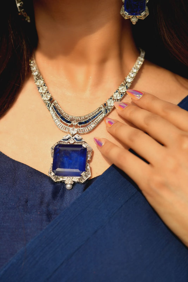 Royal Sapphire Luxe Statement Set – Silver Plated Zirconia Necklace & Earrings