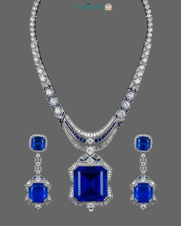 Royal Sapphire Luxe Statement Set – Silver Plated Zirconia Necklace & Earrings