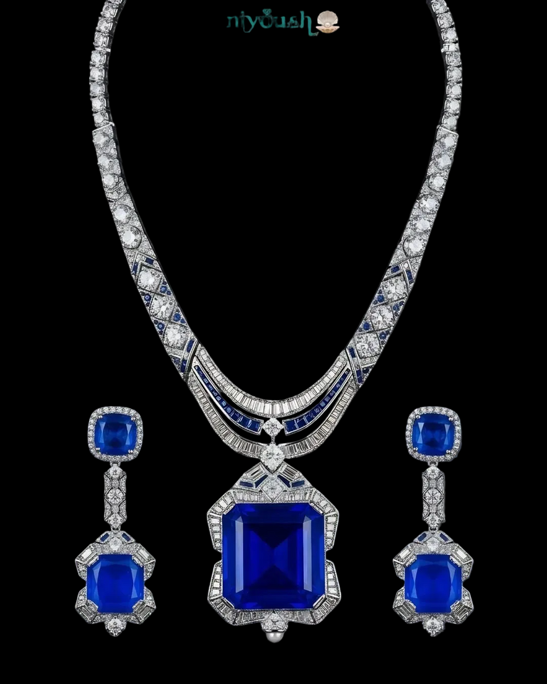 Royal Sapphire Luxe Statement Set – Silver Plated Zirconia Necklace & Earrings