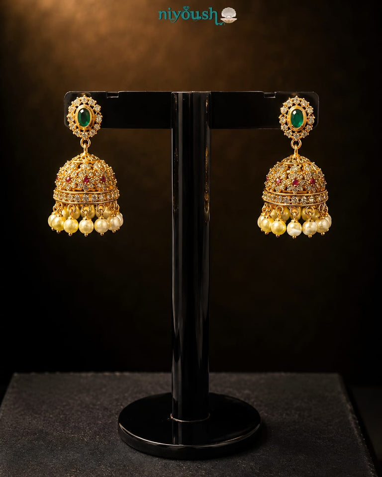Dome Jhumka Earrings | Antique Gold Plated Multicolor Pearl Drops | Niyoush