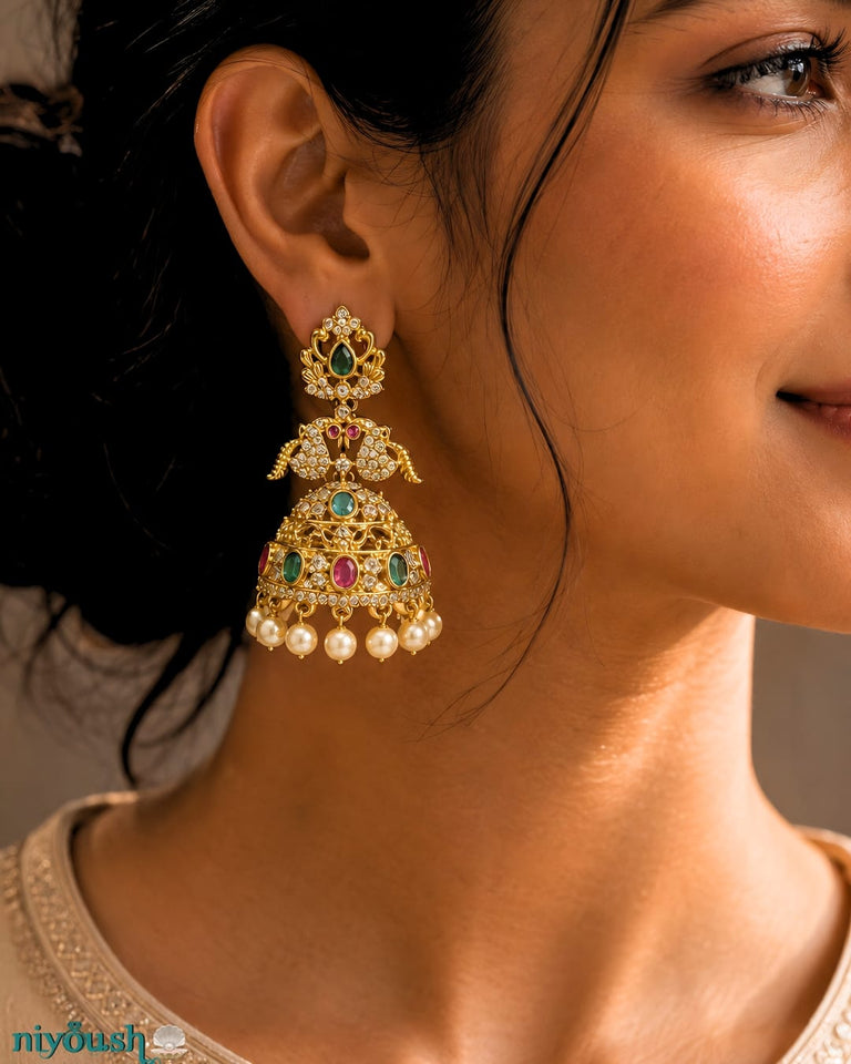 Royal Peacock gold plated Jhumkas – Pearl & Multistone