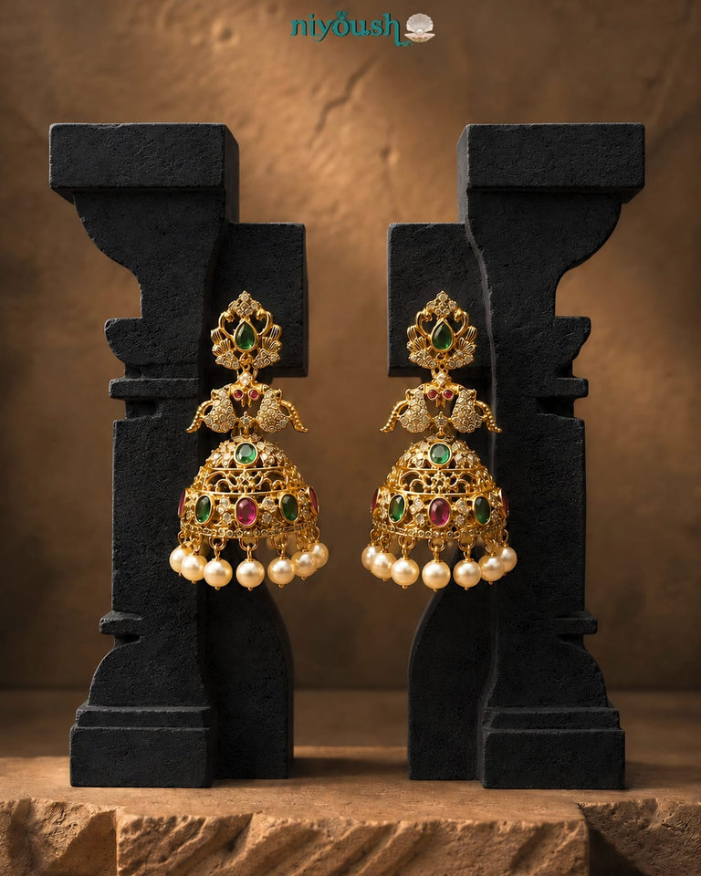 Royal Peacock gold plated Jhumkas – Pearl & Multistone