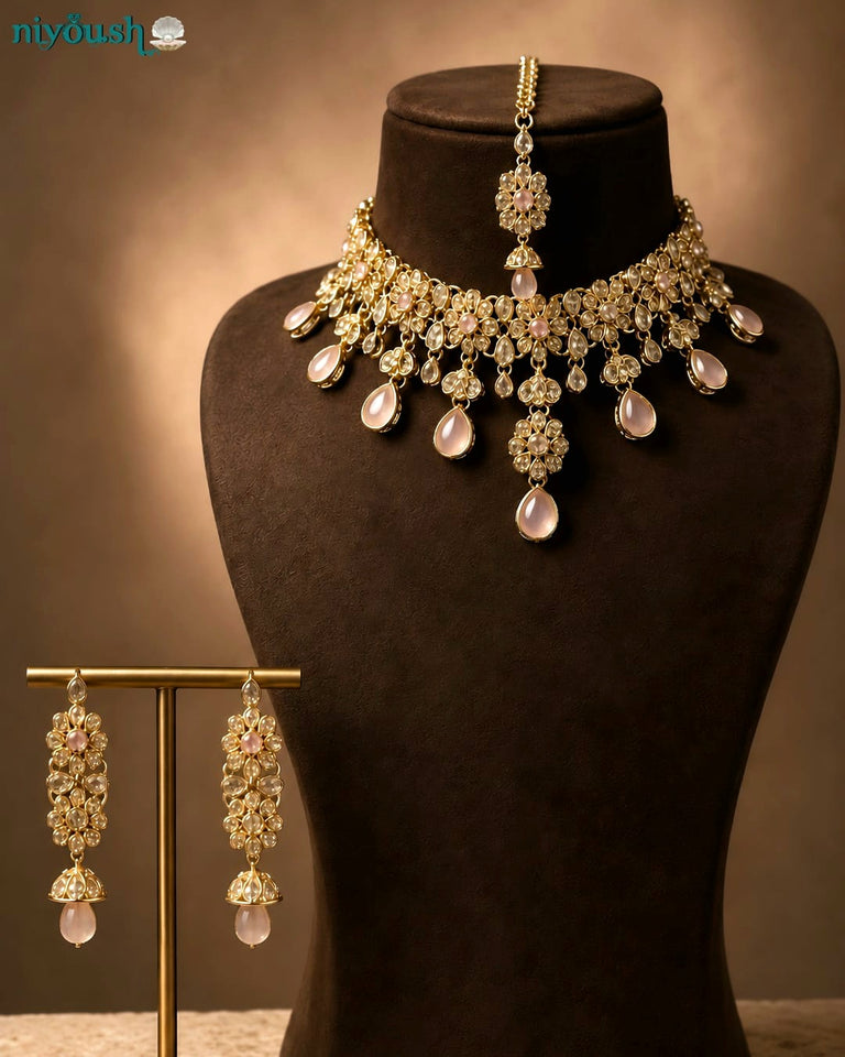 Royal Pink Kundan Bridal Set – Artificial Gold Plated Choker & Earrings
