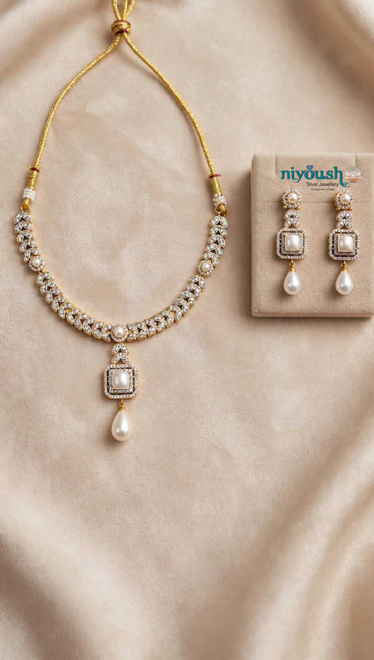 Sadaf Leaf Real Pearl 925 Silver Gold Plated Necklace Set