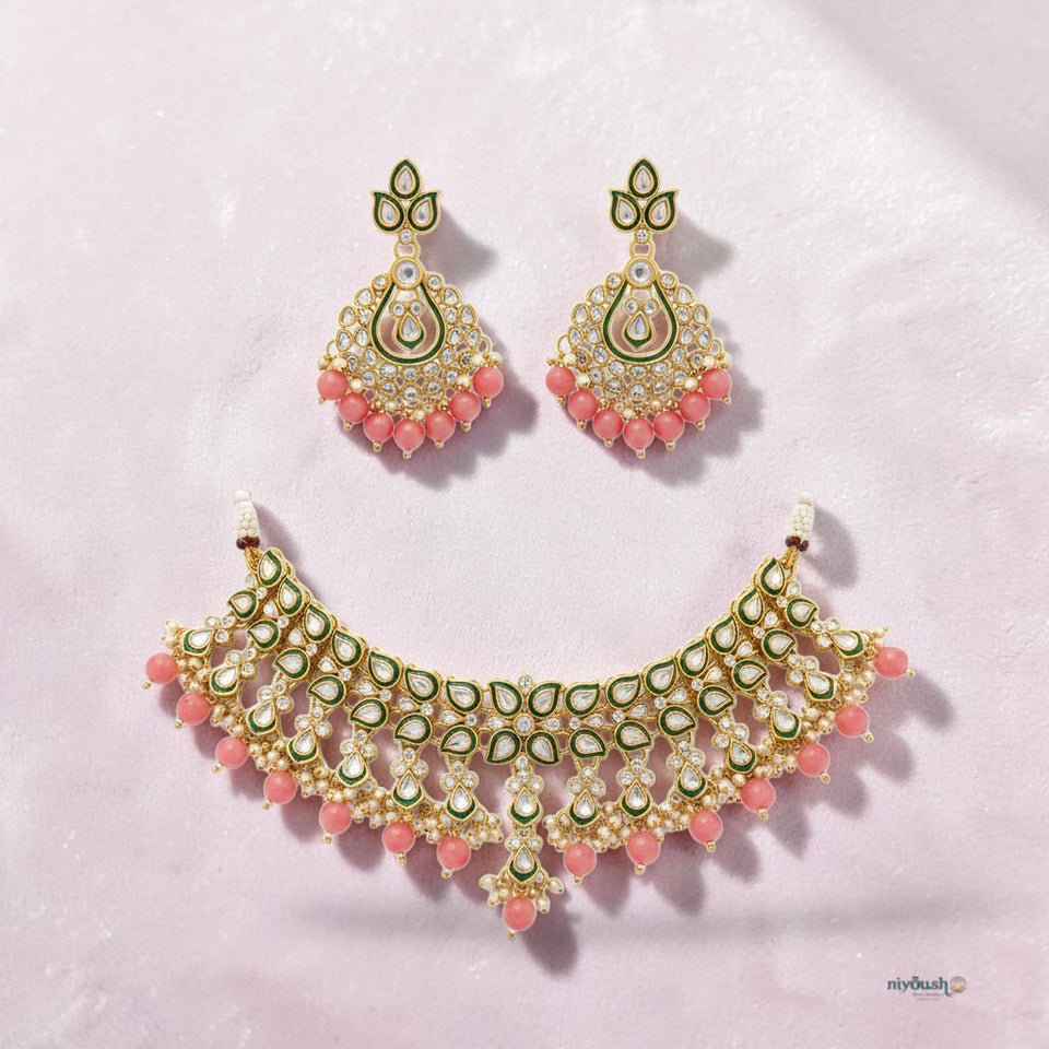 Gulabi Noor - Pink Artificial Kundan Choker Set with Earrings and Teeka | Meenakari Bridal Set