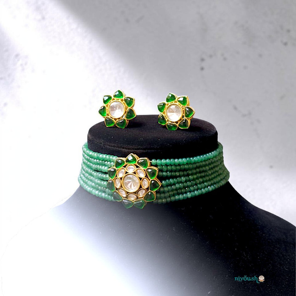 Emerald Bloom Kundan Beaded Choker Set