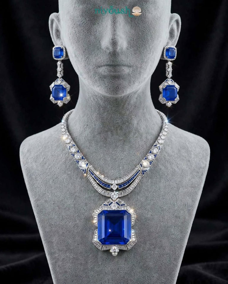 Royal Sapphire Luxe Statement Set – Silver Plated Zirconia Necklace & Earrings