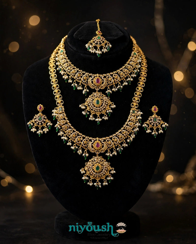 Mahenur Gold Plated Bridal Set - Ruby Emerald Pearl