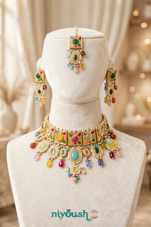 Rang-e-Noor Multicolor Kundan Choker Set | Artificial Gold-Plated Bridal Set with Semi-Precious Stones