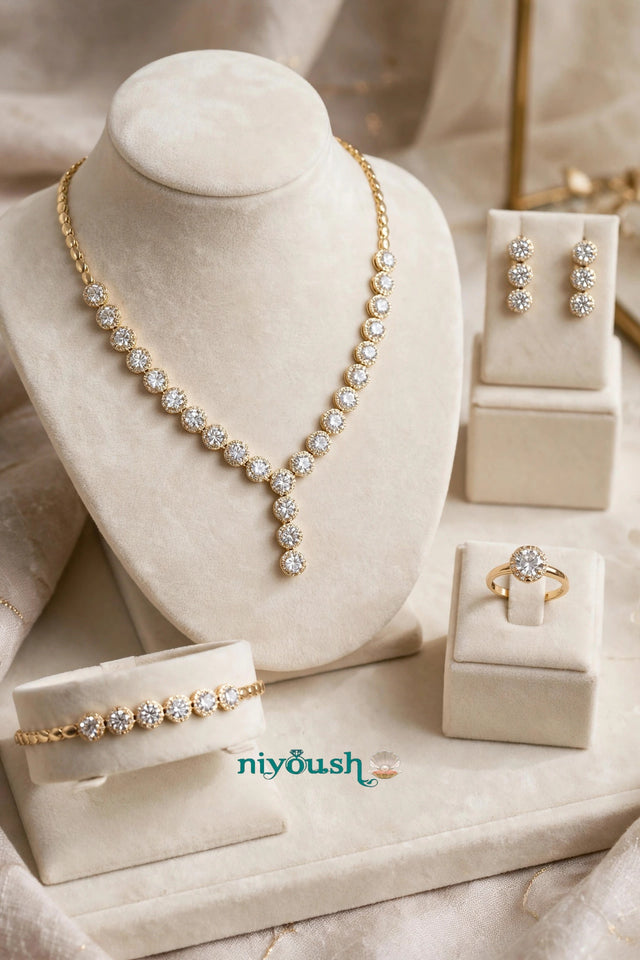 Celeste Halo - Gold Plated Diamond-Cut 4-Piece Bridal Set