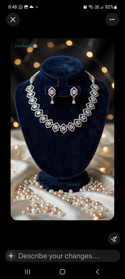 Ethereal Bloom - American Diamond Zircon Necklace Set with Earrings - Silver Plated