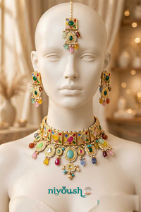 Rang-e-Noor Multicolor Kundan Choker Set | Artificial Gold-Plated Bridal Set with Semi-Precious Stones