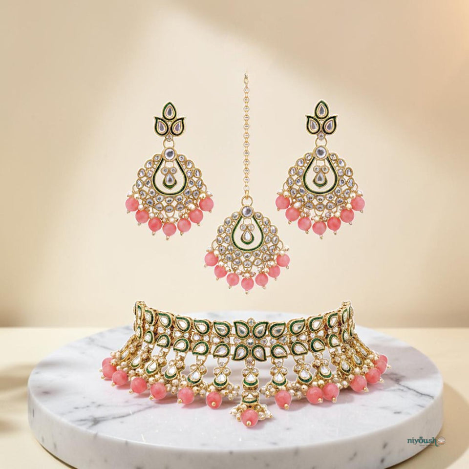 Gulabi Noor - Pink Artificial Kundan Choker Set with Earrings and Teeka | Meenakari Bridal Set