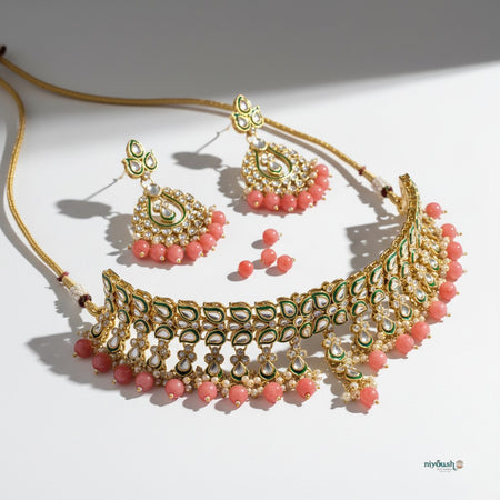 Gulabi Noor - Pink Artificial Kundan Choker Set with Earrings and Teeka | Meenakari Bridal Set