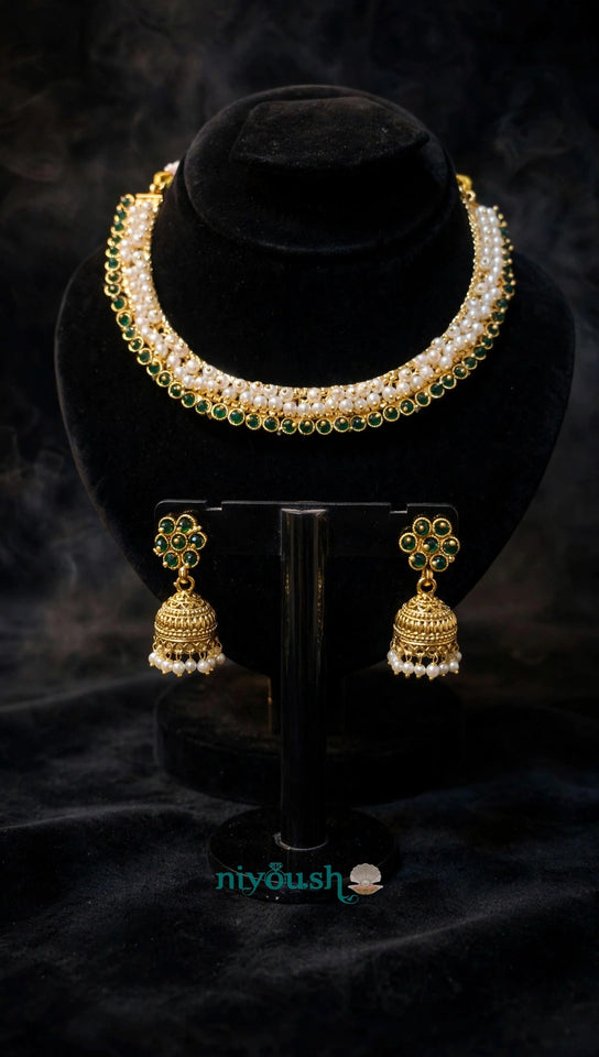 Zeenat - Emerald Pearl Choker & Jhumka Set