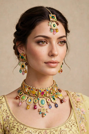 Rang-e-Noor Multicolor Kundan Choker Set | Artificial Gold-Plated Bridal Set with Semi-Precious Stones